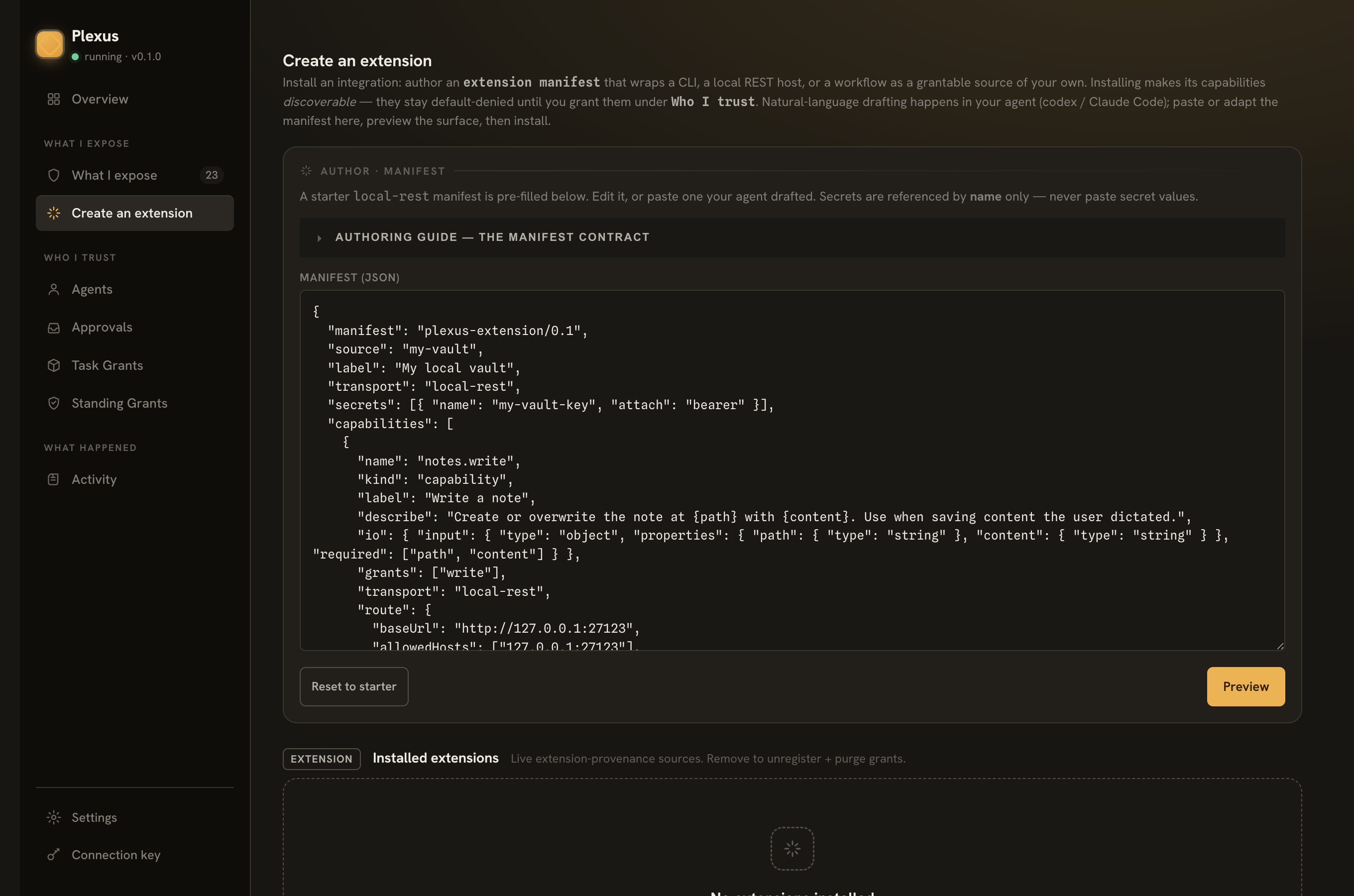 在 /admin 的 Create-an-extension 视图里编写并安装扩展