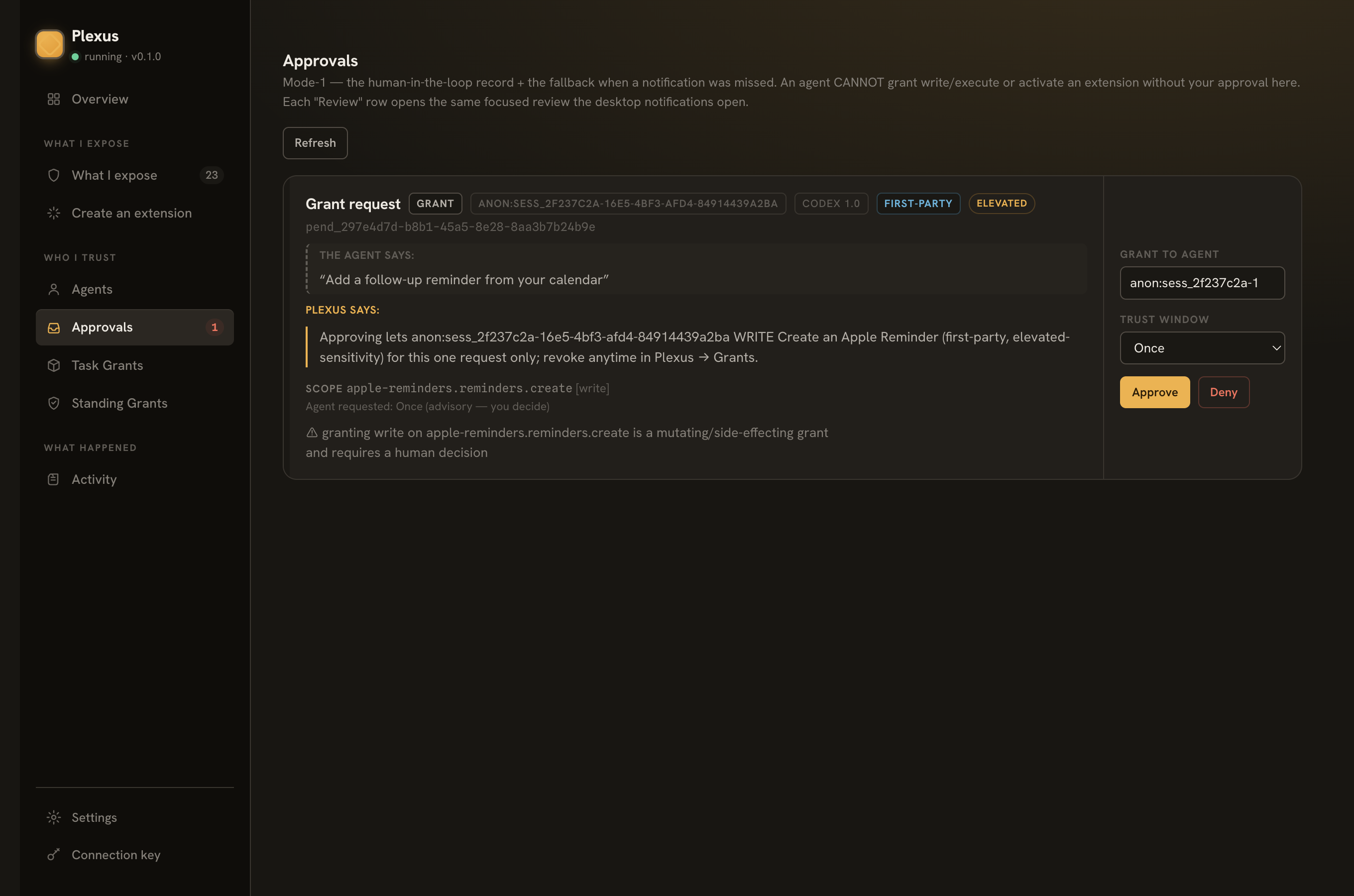 在 /admin 的 Approvals 标签页批准挂起的授权